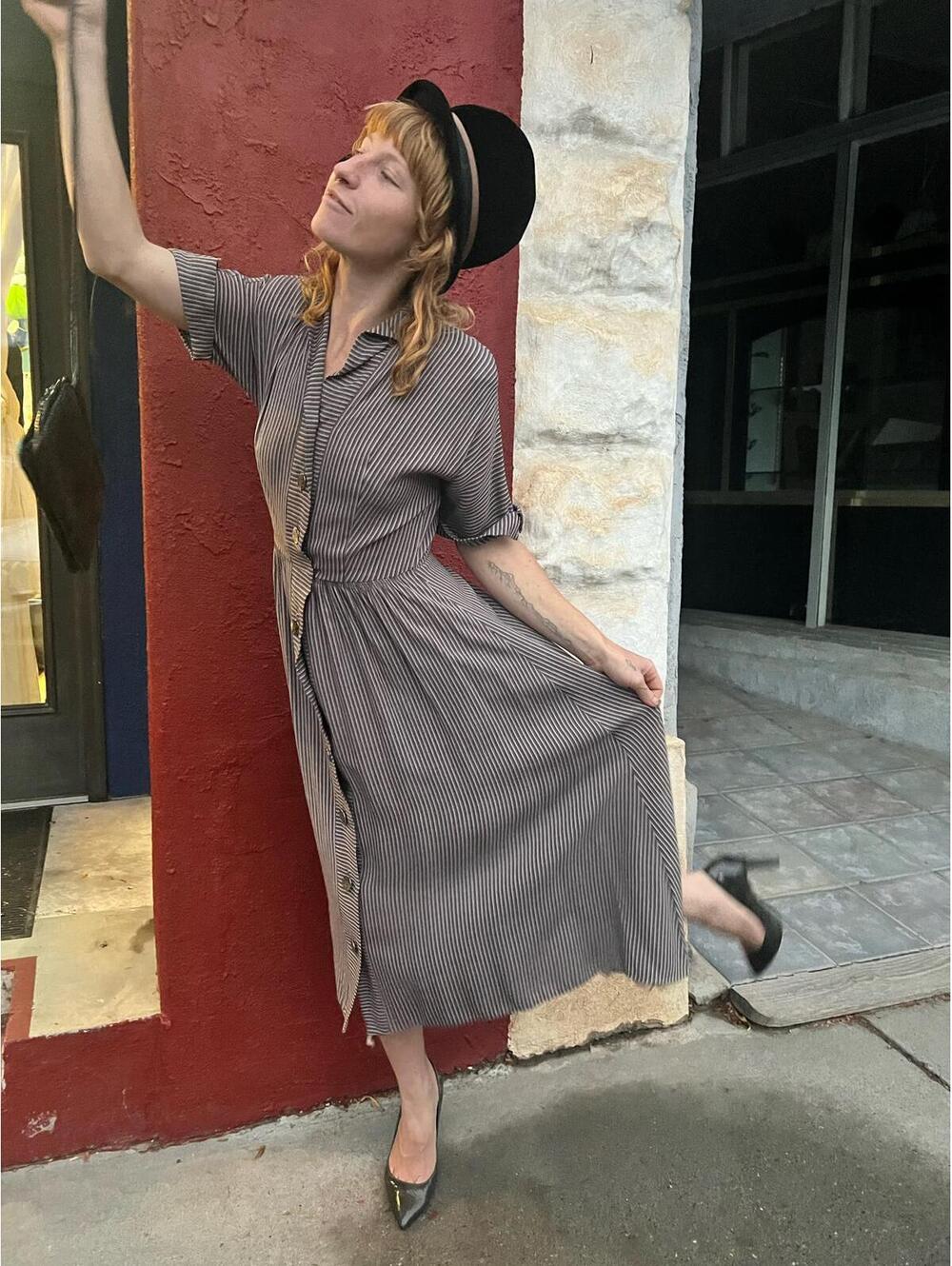 1950s Lily Artley Striped Shirtwaist Dress w/ Indian Head Buttons – 38/28